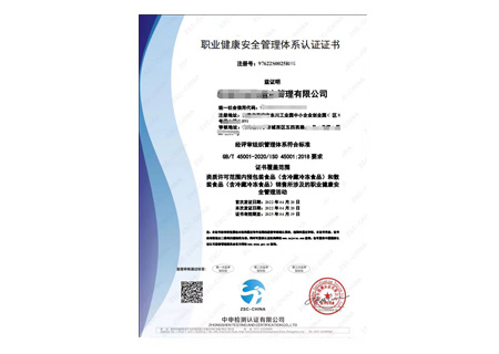 健康安全管理体系认证证书